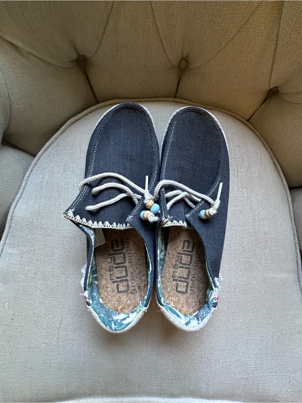 Hey Dude Women's Navy Canvas Wally Bead-Tie Slip-Ons